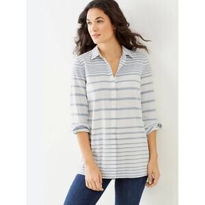 J. Jill Costal Button Down Tunic Top XS Shirt Blue/White Striped Nautical Resort